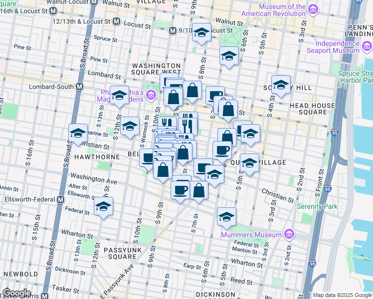 map of restaurants, bars, coffee shops, grocery stores, and more near 804 Catharine Street in Philadelphia