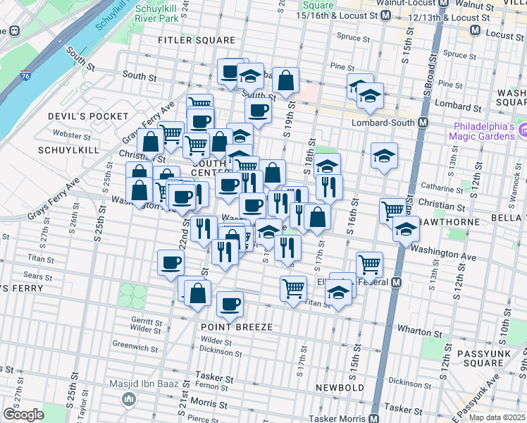 map of restaurants, bars, coffee shops, grocery stores, and more near 1913 League Street in Philadelphia
