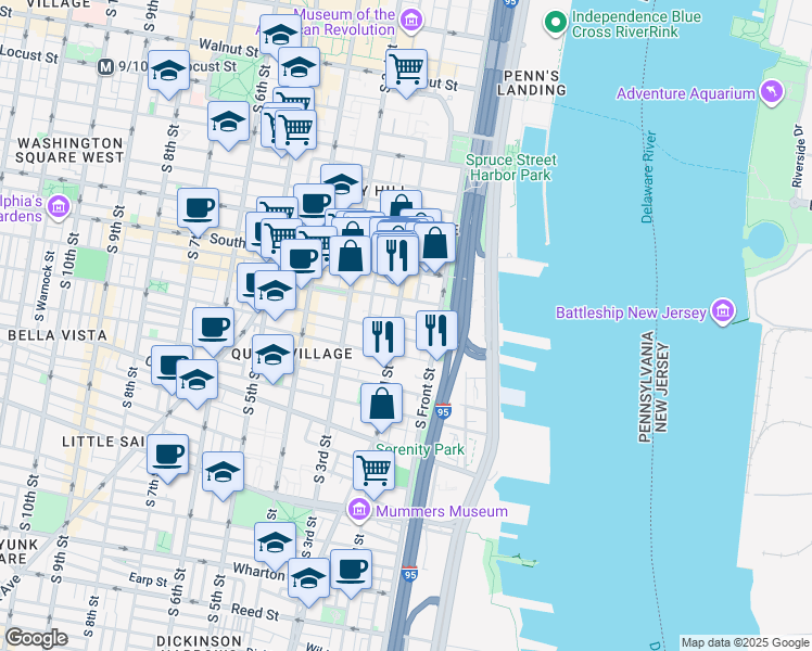 map of restaurants, bars, coffee shops, grocery stores, and more near 143 Monroe Street in Philadelphia