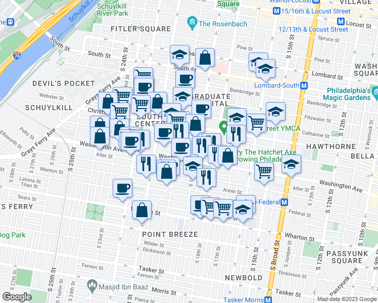 map of restaurants, bars, coffee shops, grocery stores, and more near 1913 League Street in Philadelphia