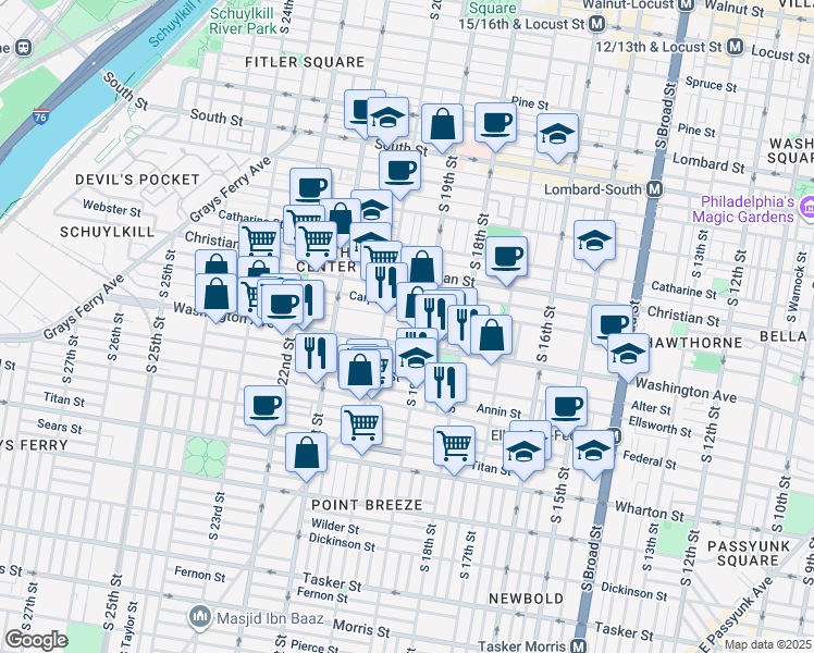 map of restaurants, bars, coffee shops, grocery stores, and more near 1915 League Street in Philadelphia