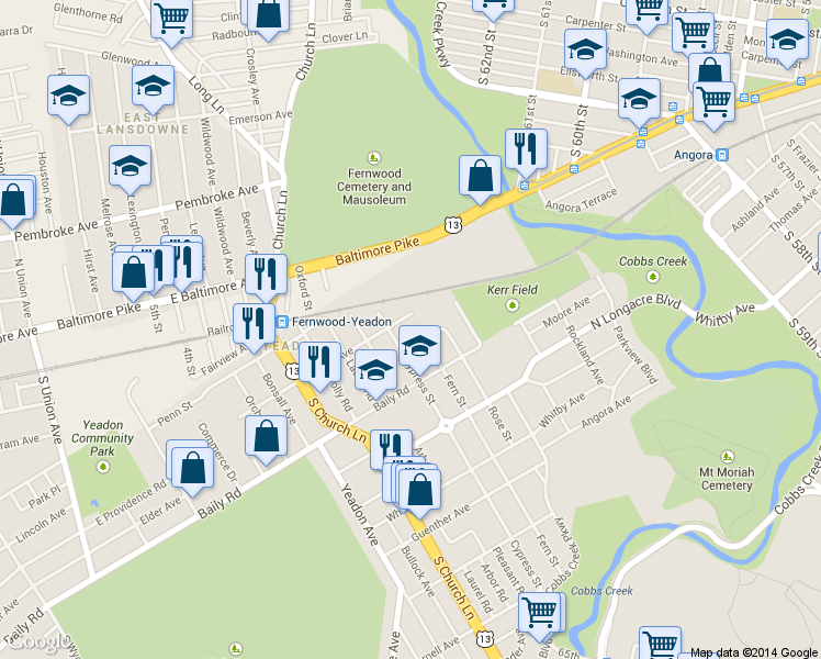 map of restaurants, bars, coffee shops, grocery stores, and more near 508 Fern Street in Yeadon
