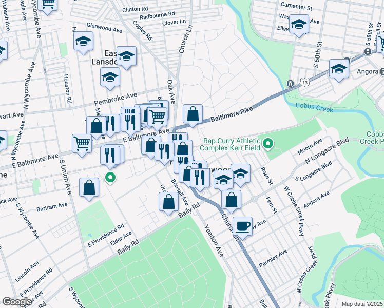 map of restaurants, bars, coffee shops, grocery stores, and more near 411 Holly Road in Yeadon