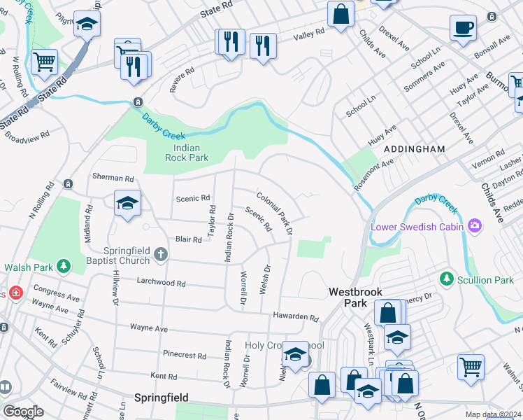 map of restaurants, bars, coffee shops, grocery stores, and more near 535 Scenic Road in Springfield