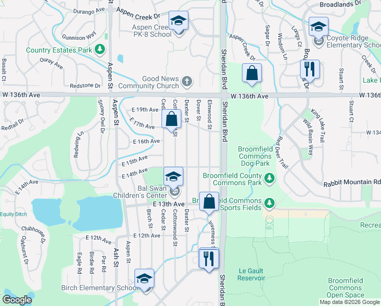 map of restaurants, bars, coffee shops, grocery stores, and more near in Broomfield
