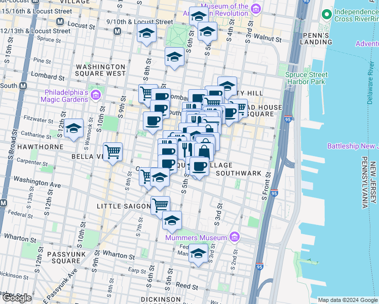 map of restaurants, bars, coffee shops, grocery stores, and more near 503 Fitzwater Street in Philadelphia