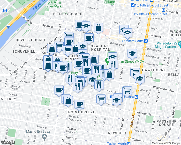map of restaurants, bars, coffee shops, grocery stores, and more near 1915 League Street in Philadelphia
