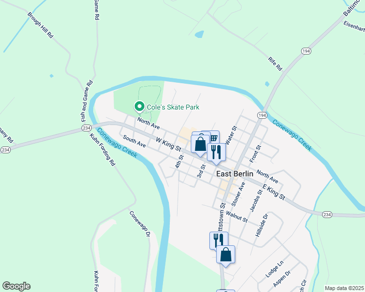 map of restaurants, bars, coffee shops, grocery stores, and more near 101 4th Street in East Berlin