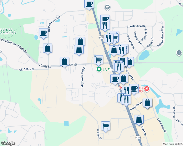 map of restaurants, bars, coffee shops, grocery stores, and more near 4715 West 106th Street in Zionsville