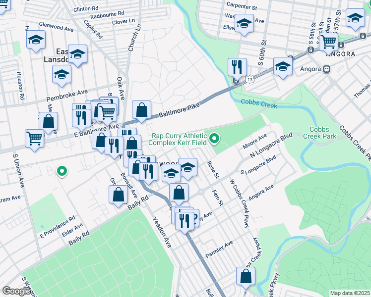 map of restaurants, bars, coffee shops, grocery stores, and more near 508 Fern Street in Yeadon