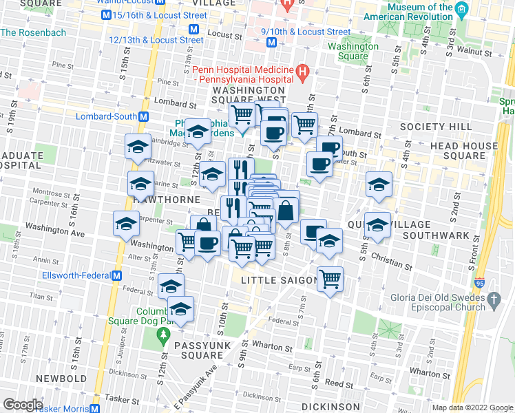 map of restaurants, bars, coffee shops, grocery stores, and more near 813 South Hutchinson Street in Philadelphia