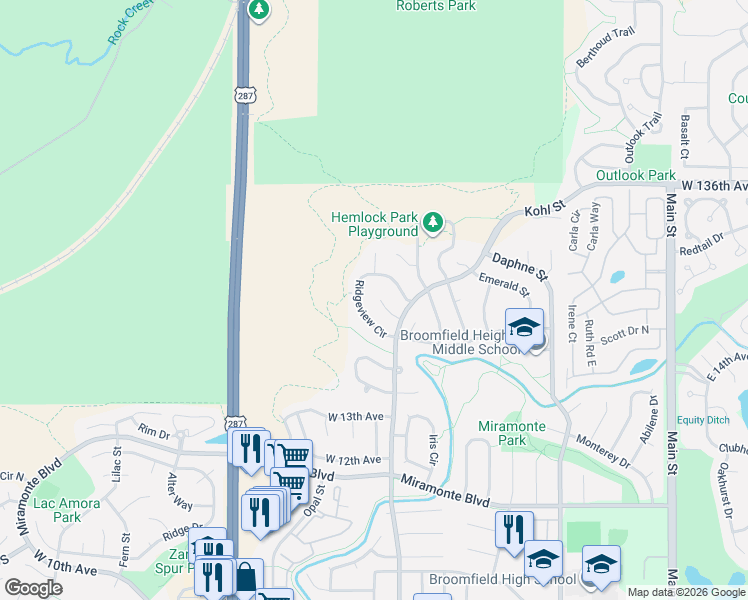 map of restaurants, bars, coffee shops, grocery stores, and more near 1112 Larch Court in Broomfield