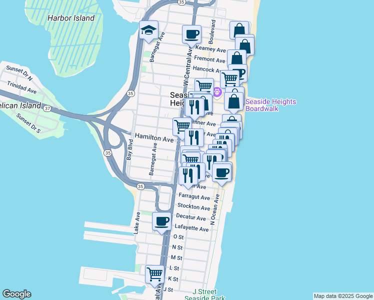 map of restaurants, bars, coffee shops, grocery stores, and more near 203 Ocean Boulevard in Seaside Heights