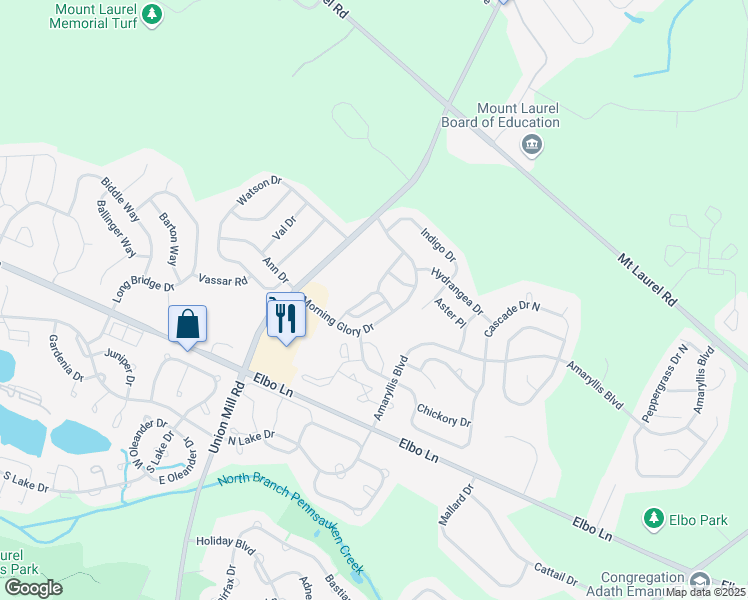 map of restaurants, bars, coffee shops, grocery stores, and more near 2605A Bluegrass Drive in Mount Laurel Township