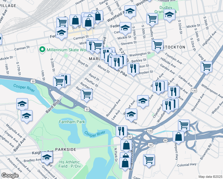 map of restaurants, bars, coffee shops, grocery stores, and more near 2805 Pfeiffer Street in Pennsauken Township