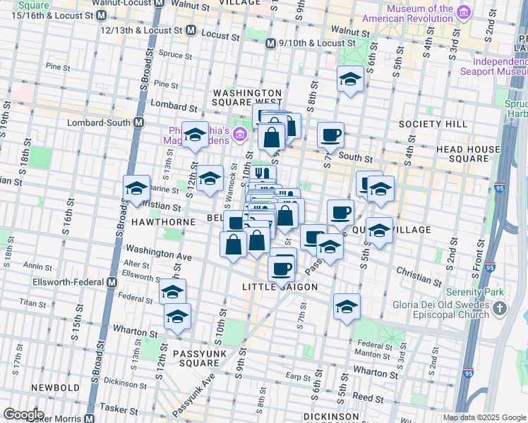 map of restaurants, bars, coffee shops, grocery stores, and more near 829 Christian Street in Philadelphia