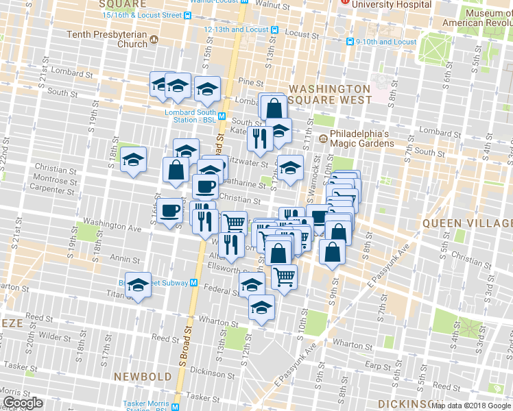 map of restaurants, bars, coffee shops, grocery stores, and more near 1216 Montrose Street in Philadelphia