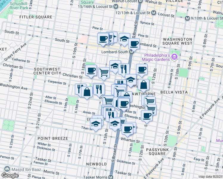 map of restaurants, bars, coffee shops, grocery stores, and more near 1001 South 15th Street in Philadelphia