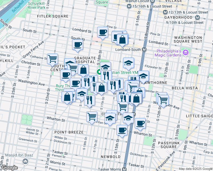 map of restaurants, bars, coffee shops, grocery stores, and more near 1022 South Chadwick Street in Philadelphia