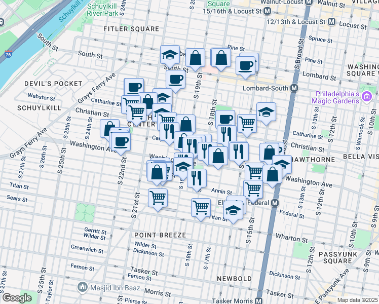 map of restaurants, bars, coffee shops, grocery stores, and more near 1047 Dorrance Street in Philadelphia