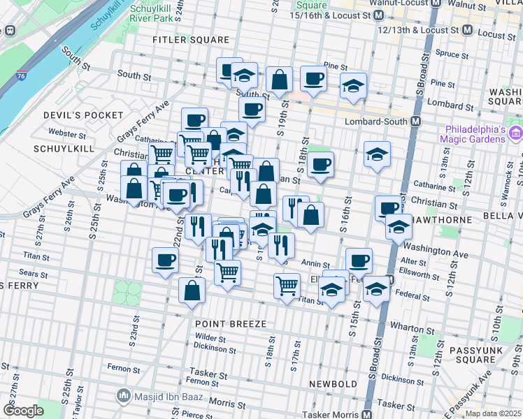 map of restaurants, bars, coffee shops, grocery stores, and more near 1017 South 20th Street in Philadelphia