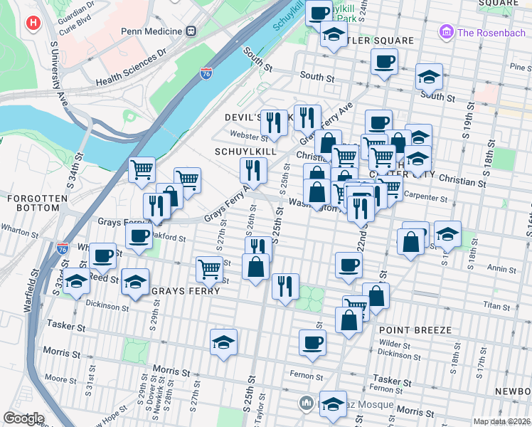 map of restaurants, bars, coffee shops, grocery stores, and more near in Philadelphia