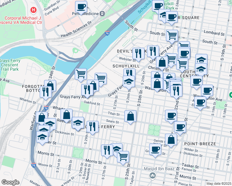 map of restaurants, bars, coffee shops, grocery stores, and more near 2719 Federal Street in Philadelphia