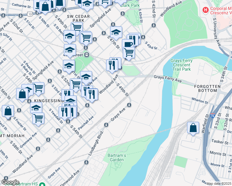 map of restaurants, bars, coffee shops, grocery stores, and more near 4919 Paschall Avenue in Philadelphia