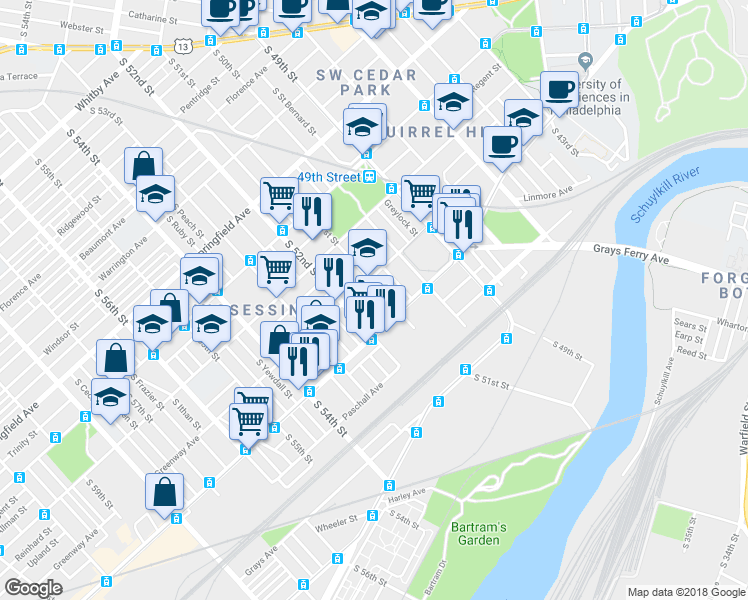 map of restaurants, bars, coffee shops, grocery stores, and more near in Philadelphia