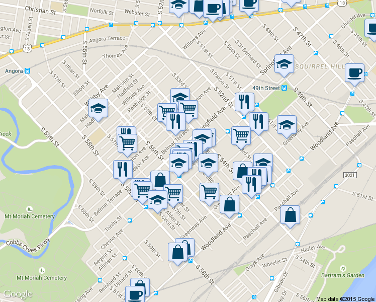 map of restaurants, bars, coffee shops, grocery stores, and more near 1430 South 55th Street in Philadelphia