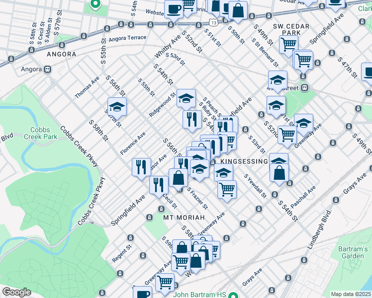 map of restaurants, bars, coffee shops, grocery stores, and more near 5530 Belmar Terrace in Philadelphia