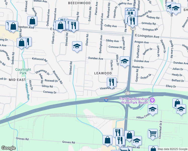 map of restaurants, bars, coffee shops, grocery stores, and more near 1725 Burlington Avenue in Columbus