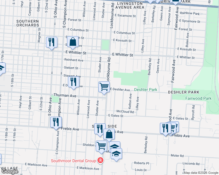 map of restaurants, bars, coffee shops, grocery stores, and more near 1311 Miller Avenue in Columbus
