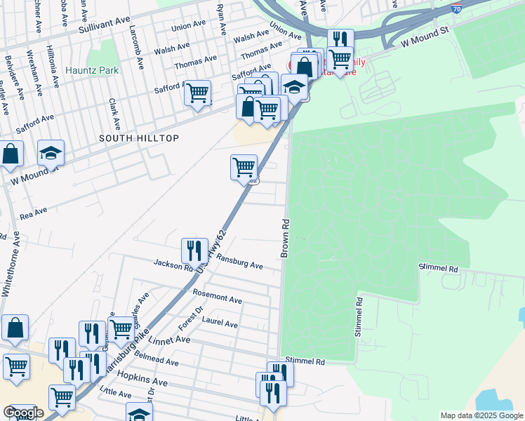 map of restaurants, bars, coffee shops, grocery stores, and more near 1569 Garling Avenue in Columbus