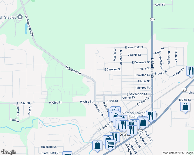 map of restaurants, bars, coffee shops, grocery stores, and more near 519 North Merrill Street in Fortville