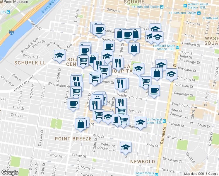 map of restaurants, bars, coffee shops, grocery stores, and more near 1921 League Street in Philadelphia