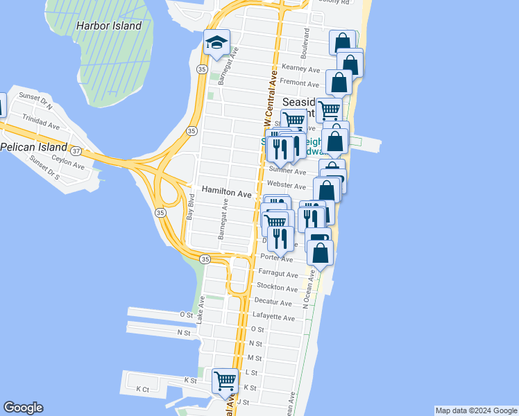 map of restaurants, bars, coffee shops, grocery stores, and more near 35 West Central Avenue in Seaside Heights