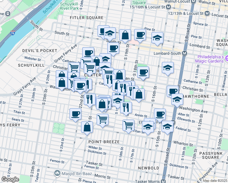 map of restaurants, bars, coffee shops, grocery stores, and more near 1921 League Street in Philadelphia