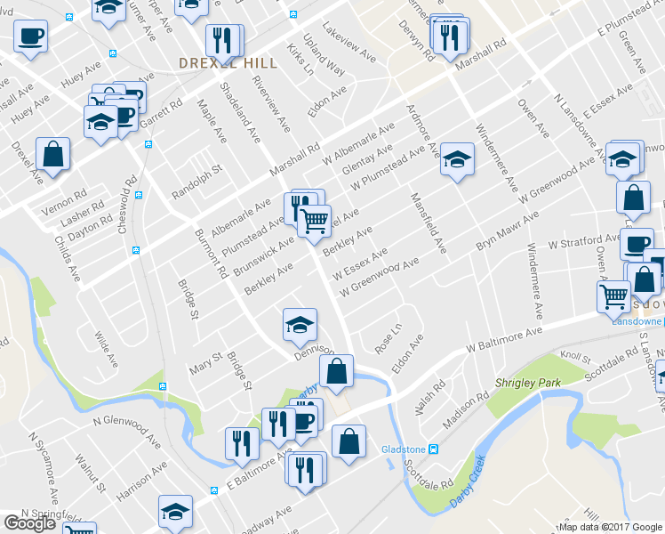map of restaurants, bars, coffee shops, grocery stores, and more near 156 Walton Place in Lansdowne