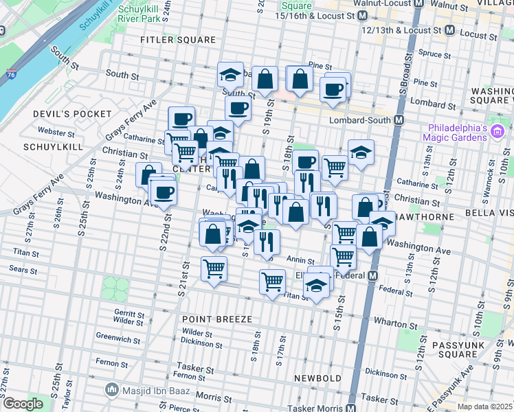 map of restaurants, bars, coffee shops, grocery stores, and more near 1047 Dorrance Street in Philadelphia