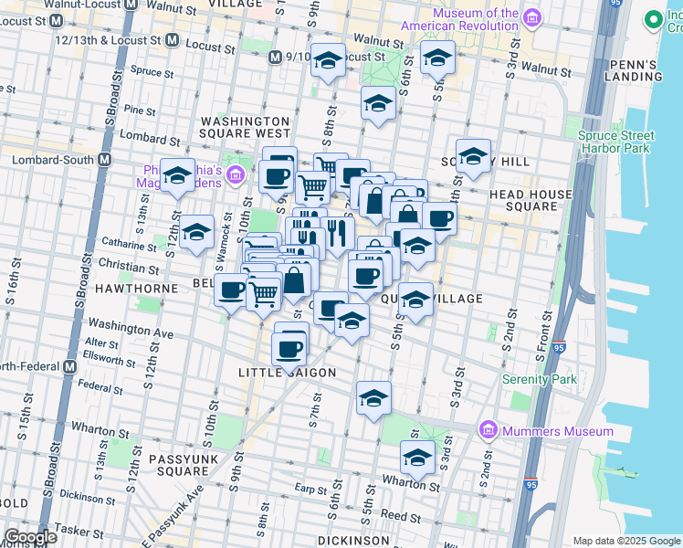 map of restaurants, bars, coffee shops, grocery stores, and more near 769 South 7th Street in Philadelphia