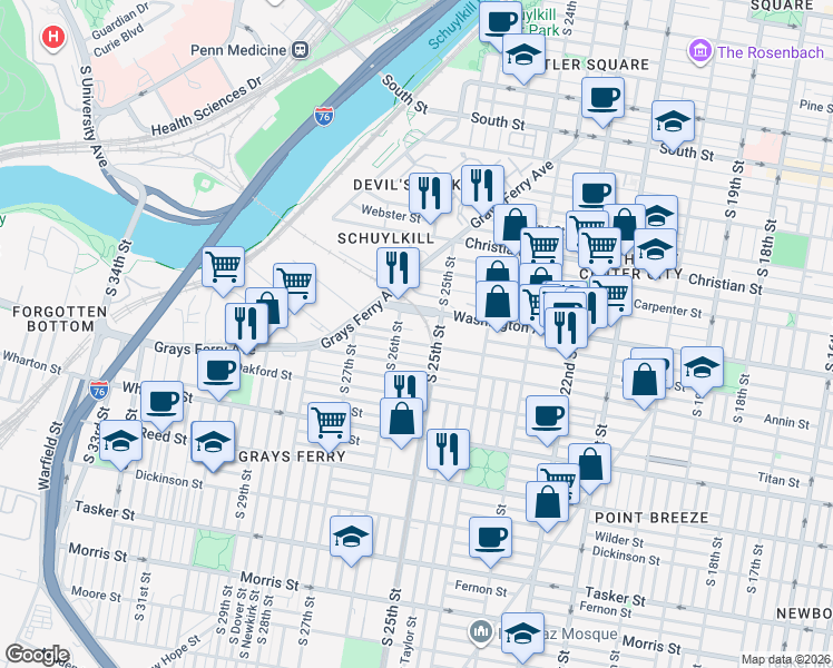 map of restaurants, bars, coffee shops, grocery stores, and more near in Philadelphia