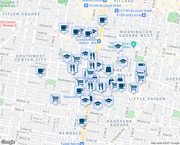 map of restaurants, bars, coffee shops, grocery stores, and more near 1410 Montrose Street in Philadelphia