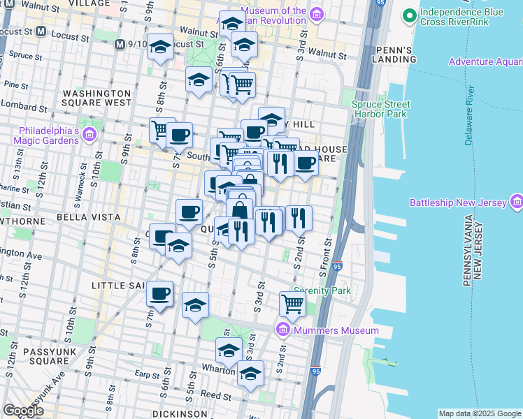 map of restaurants, bars, coffee shops, grocery stores, and more near 317 Pemberton Street in Philadelphia