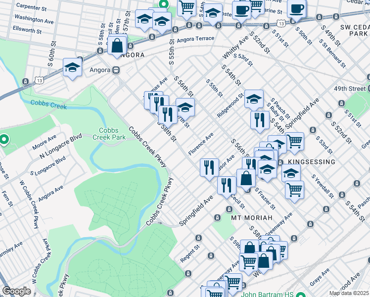 map of restaurants, bars, coffee shops, grocery stores, and more near 1541 South 58th Street in Philadelphia