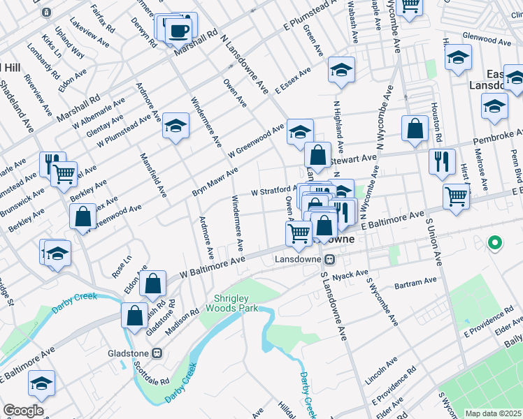 map of restaurants, bars, coffee shops, grocery stores, and more near 75 West Lacrosse Avenue in Lansdowne