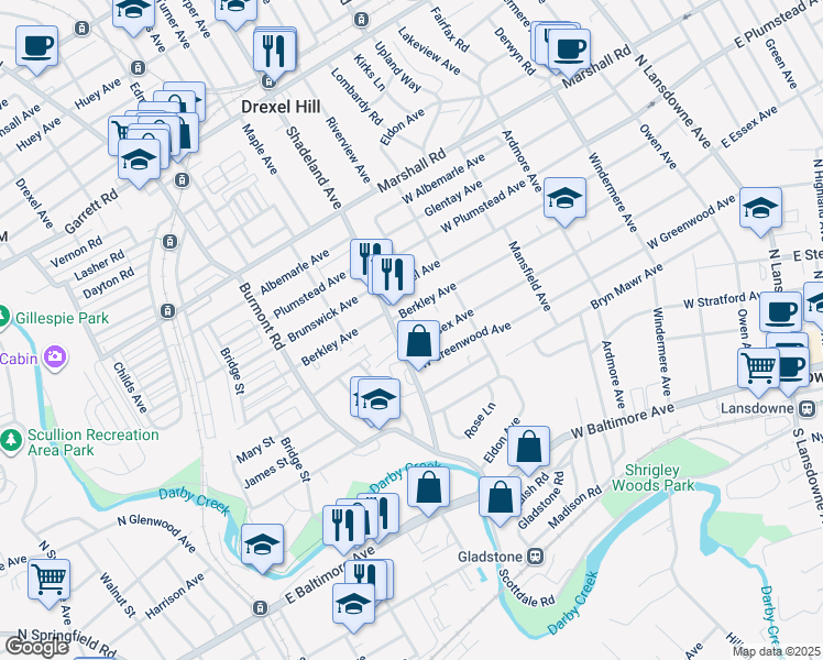 map of restaurants, bars, coffee shops, grocery stores, and more near 156 Walton Place in Lansdowne