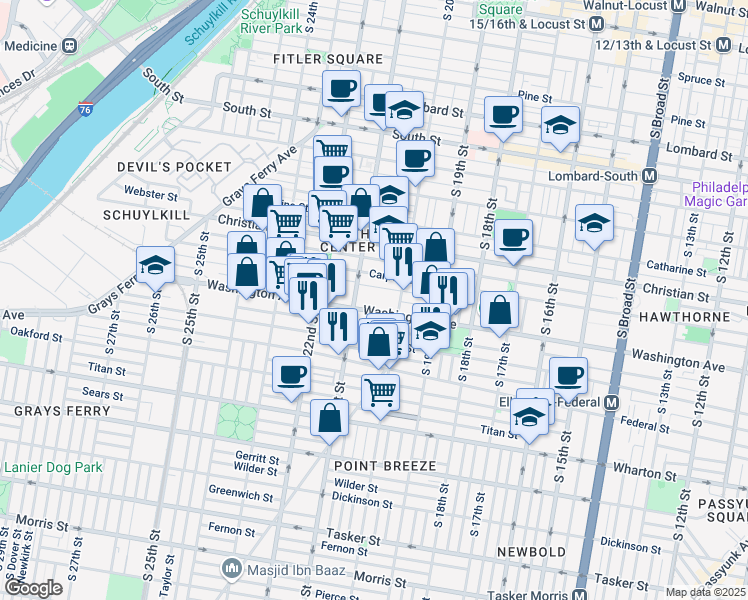 map of restaurants, bars, coffee shops, grocery stores, and more near 2018 Washington Avenue in Philadelphia