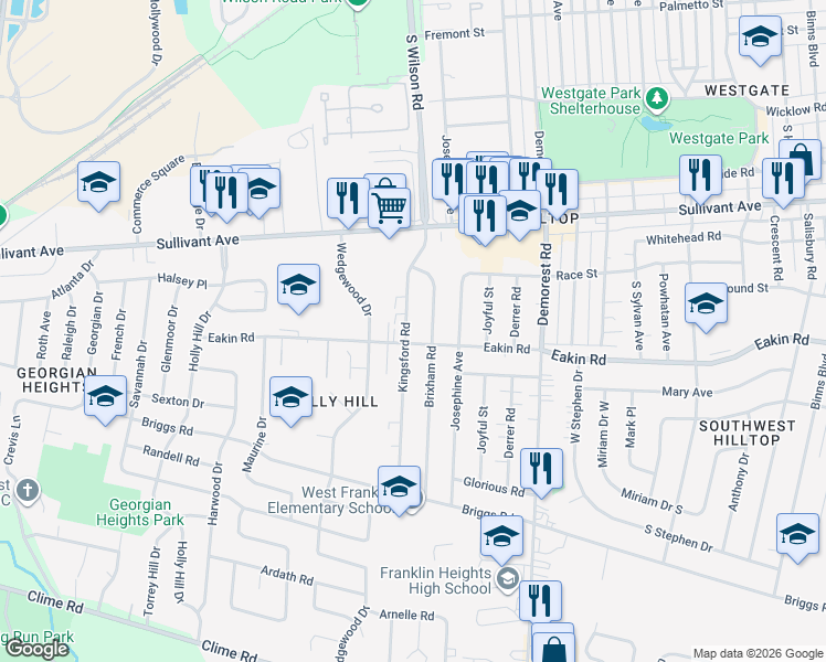 map of restaurants, bars, coffee shops, grocery stores, and more near 3579 Eakin Road in Columbus