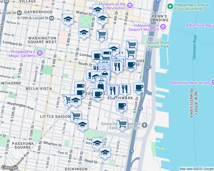 map of restaurants, bars, coffee shops, grocery stores, and more near 335 Pemberton Street in Philadelphia